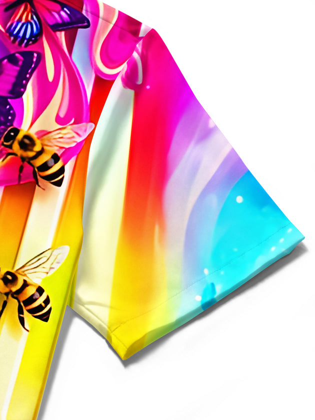 Colorful Gradient Music Piano Keys Butterflies And Bees Men's Pocket Short Sleeve Shirts