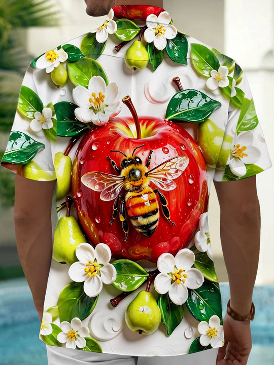 Red Apple Bee And Flowers Men's Pocket Short Sleeve Shirts
