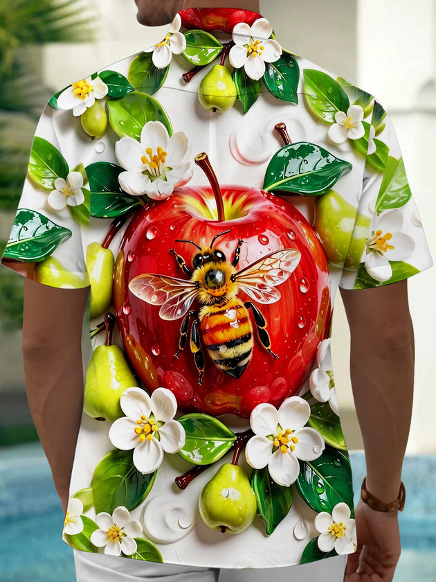 Red Apple Bee And Flowers Men's Pocket Short Sleeve Shirts