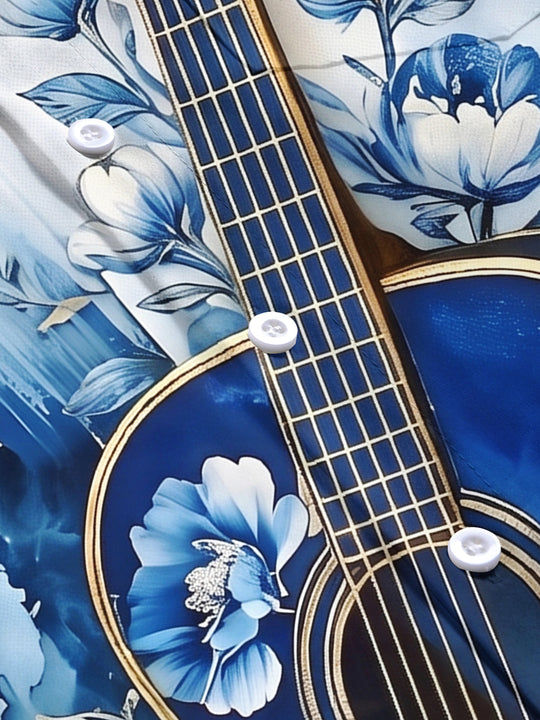 Blue Floral Guitar Gradient Abstract Music Men's Pocket Short Sleeve Shirts