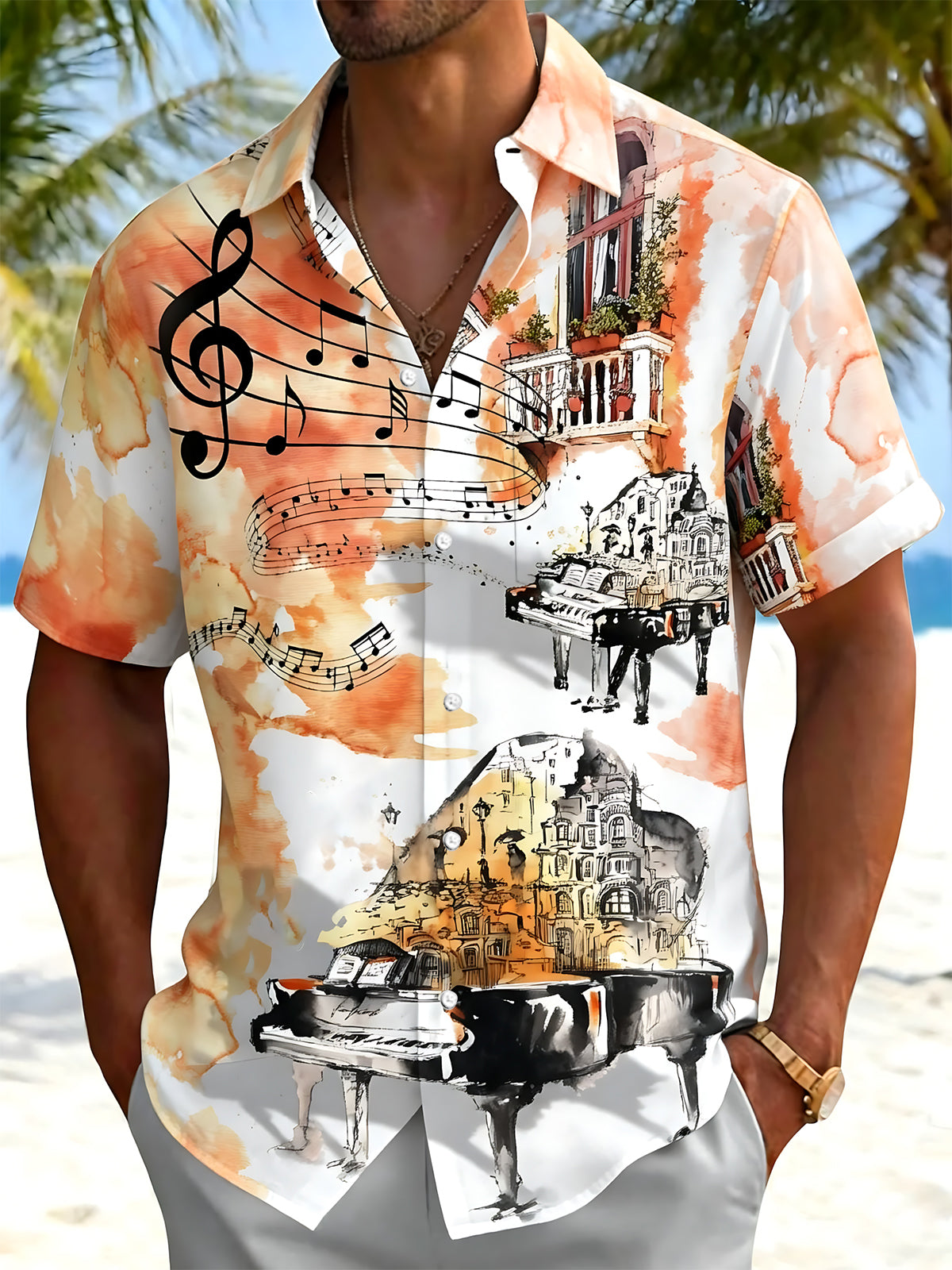 Tie Dye Music Piano Note Print Men's Pocket Short Sleeve Shirts