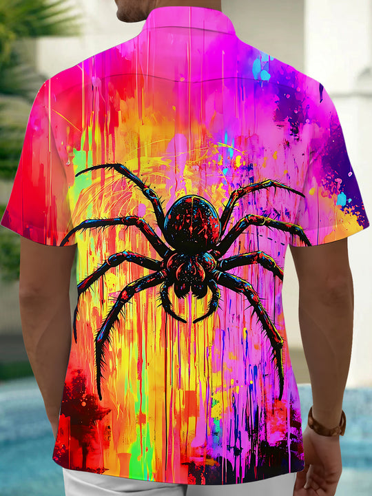 Neon Colorful Tie Dye Spider Men's Pocket Short Sleeve Shirts