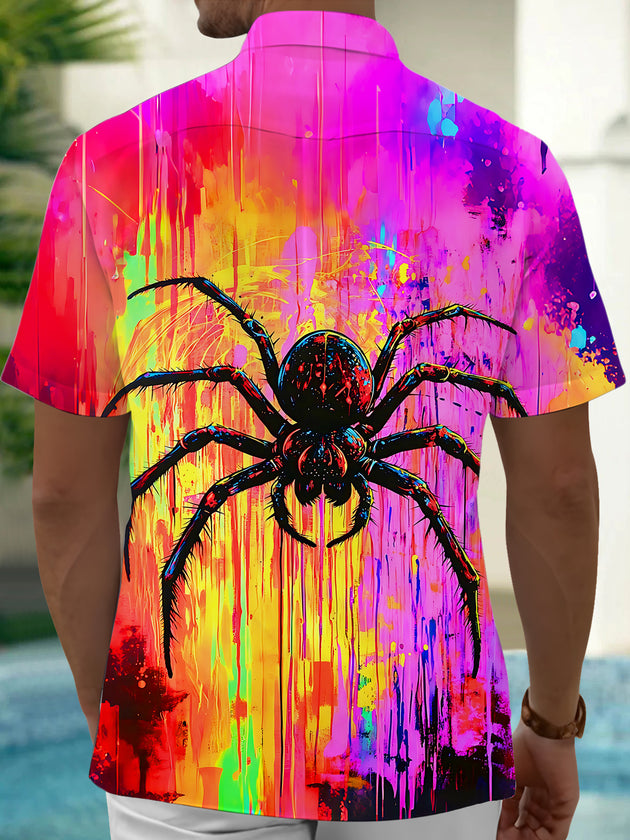 Neon Colorful Tie Dye Spider Men's Pocket Short Sleeve Shirts