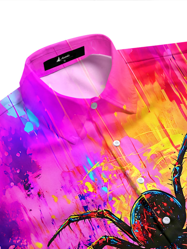 Neon Colorful Tie Dye Spider Men's Pocket Short Sleeve Shirts