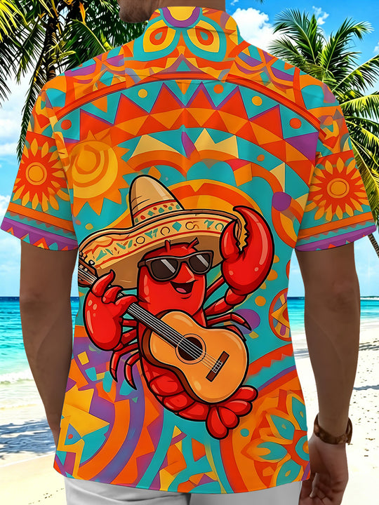 Fun Hawaiian Lobster Guitar Player Men's Pocket Short Sleeve Shirts