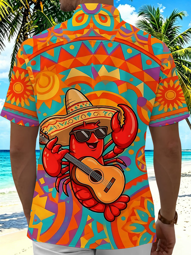 Fun Hawaiian Lobster Guitar Player Men's Pocket Short Sleeve Shirts