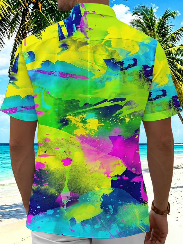 Neon Colorful Tie-Dye Watercolor Abstract Men's Pocket Short Sleeve Shirts