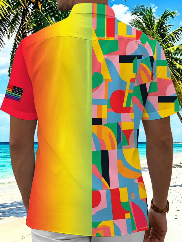 Pride Month Colorful Gradient Geometric Patchwork Men's Pocket Short Sleeve Shirts
