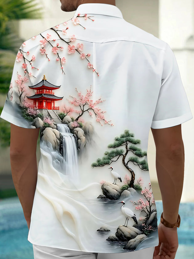 Cherry Blossom Landscape With Cranes Men's Pocket Short Sleeve Shirts