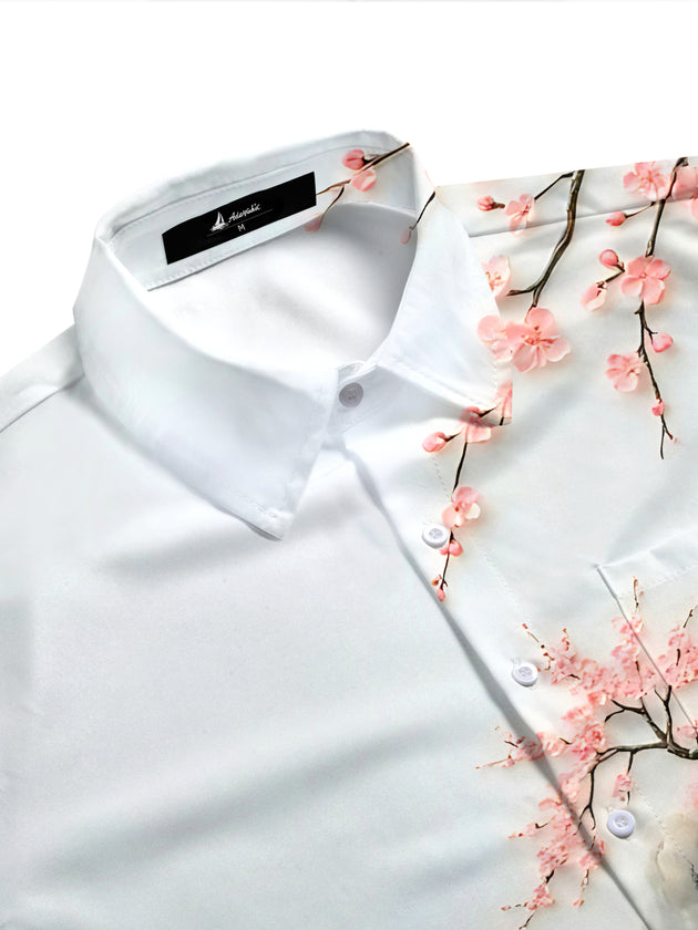 Cherry Blossom Landscape With Cranes Men's Pocket Short Sleeve Shirts
