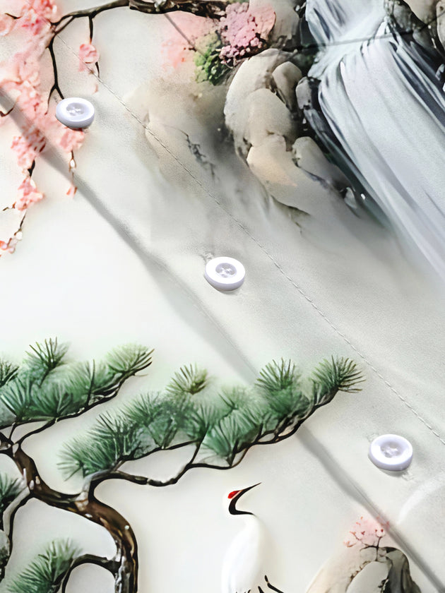 Cherry Blossom Landscape With Cranes Men's Pocket Short Sleeve Shirts