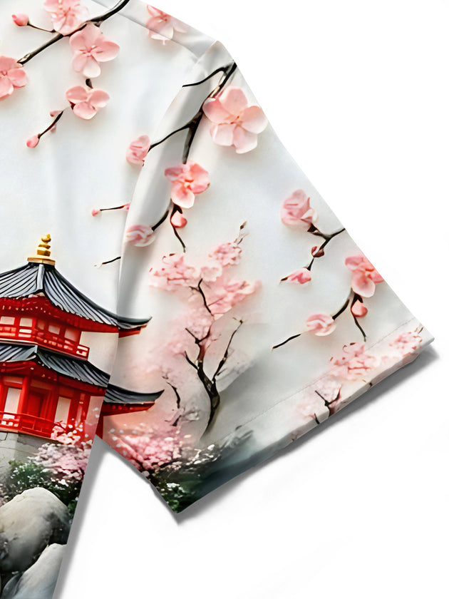 Cherry Blossom Landscape With Cranes Men's Pocket Short Sleeve Shirts