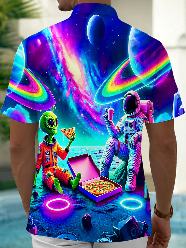Fun Neon Colorful Astronaut & Alien Pizza Party Men's Pocket Short Sleeve Shirts