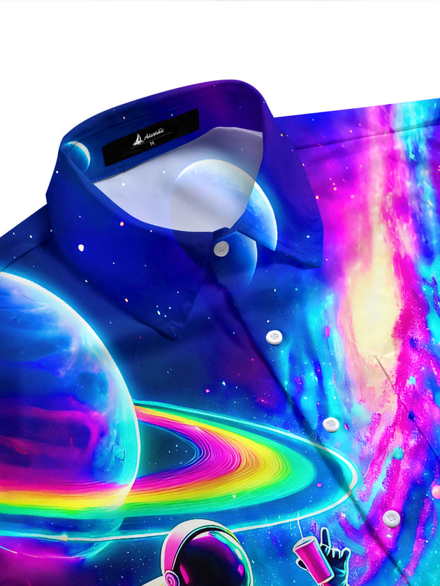 Fun Neon Colorful Astronaut & Alien Pizza Party Men's Pocket Short Sleeve Shirts