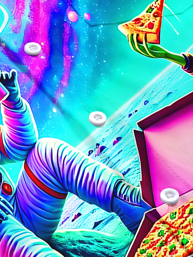 Fun Neon Colorful Astronaut & Alien Pizza Party Men's Pocket Short Sleeve Shirts