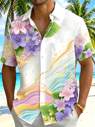 Art Gold Foil Gradient Purple Floral Hawaiian Men's Pocket Short Sleeve Shirts