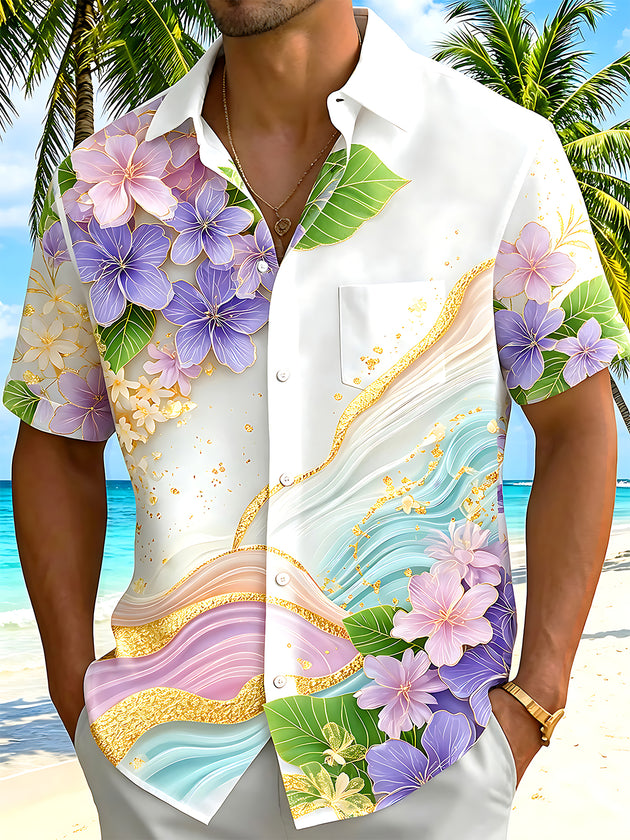 Art Gold Foil Gradient Purple Floral Hawaiian Men's Pocket Short Sleeve Shirts
