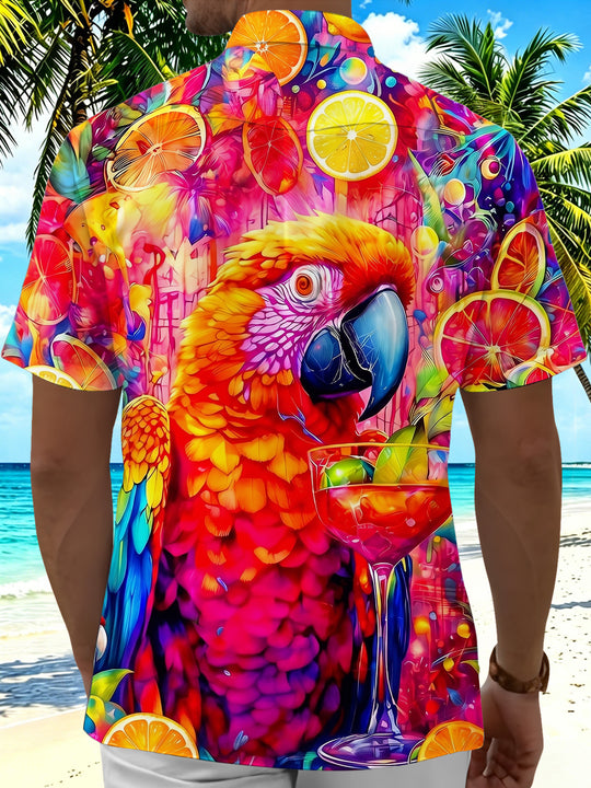 Hawaiian Tropical Parrot Cocktail Summer Graffiti Men's Pocket Short Sleeve Shirts