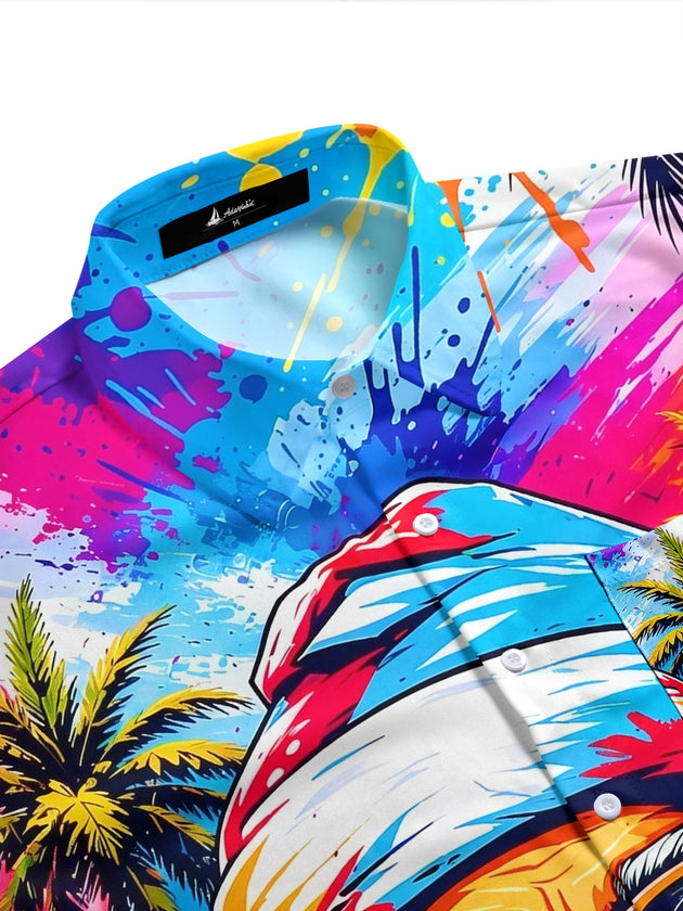 Hawaiian Colorful Tie Dye Summer Beach Santa Claus Men's Pocket Short Sleeve Shirts