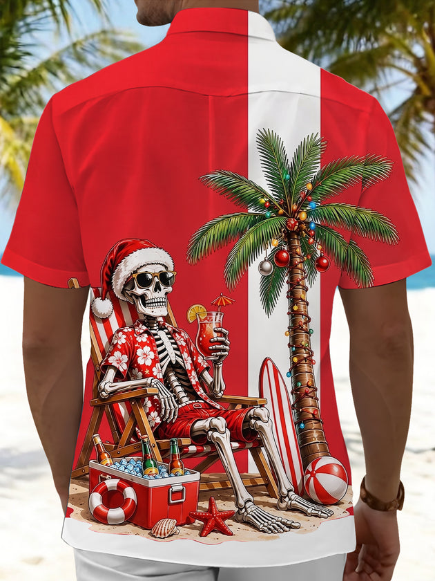 Hawaiian Christmas Skeleton Beach Vacation Men's Pocket Short Sleeve Shirts