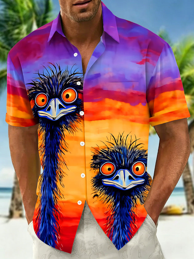 Sunset Emu Ostrich Art Men's Pocket Short Sleeve Shirts