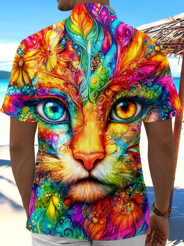 Psychedelic Colorful Cat Men's Pocket Short Sleeve Shirts