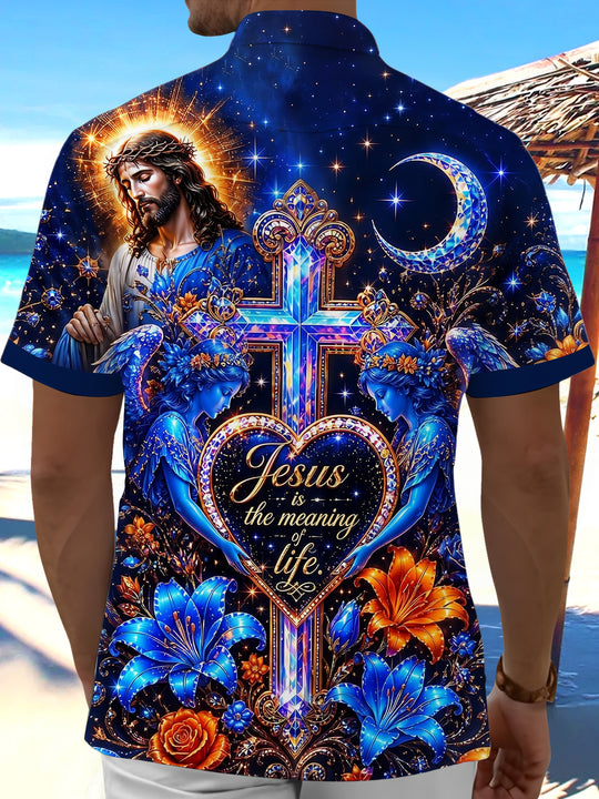 Jesus Cross Religious Starry Sky Men's Pocket Short Sleeve Shirts