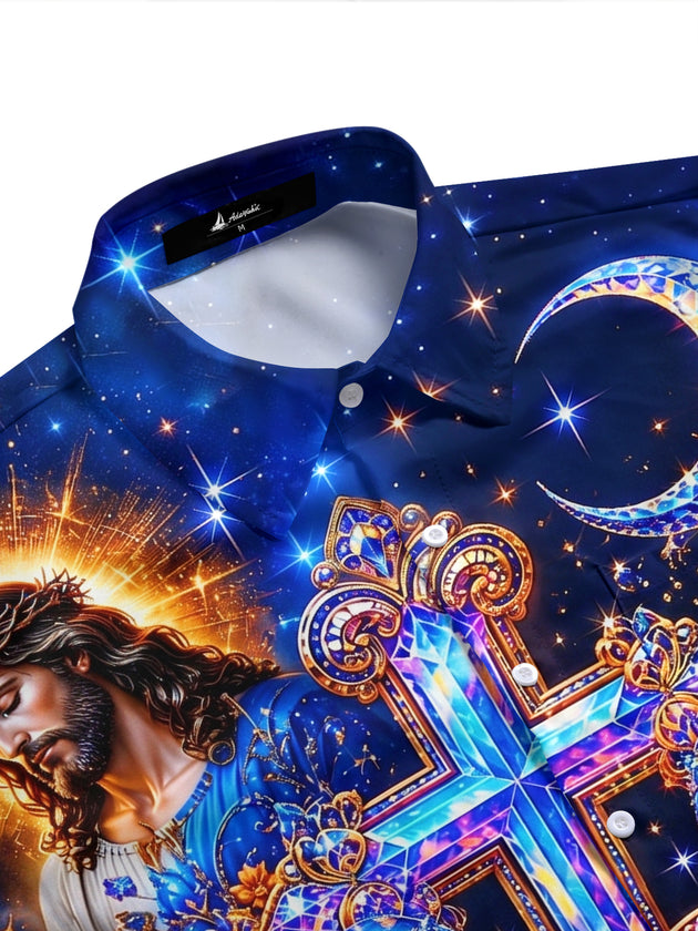 Jesus Cross Religious Starry Sky Men's Pocket Short Sleeve Shirts