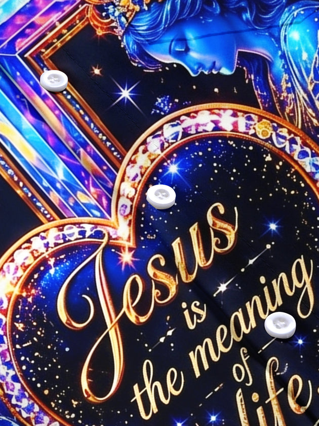 Jesus Cross Religious Starry Sky Men's Pocket Short Sleeve Shirts
