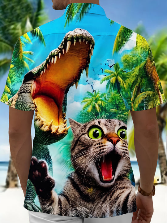 Tropical Cat And Crocodile Fun Men's Pocket Short Sleeve Shirts