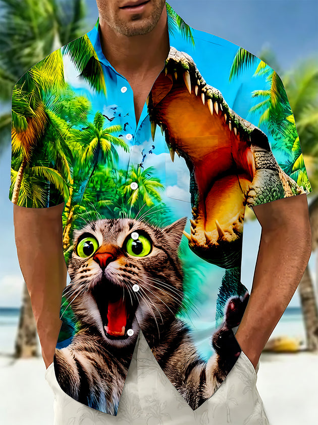 Tropical Cat And Crocodile Fun Men's Pocket Short Sleeve Shirts