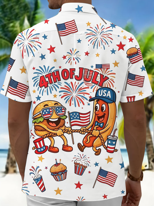 Independence Day 4Th Of July Hamburger And Hot Dog Fun Tug-Of-War Men's Pocket Short Sleeve Shirts