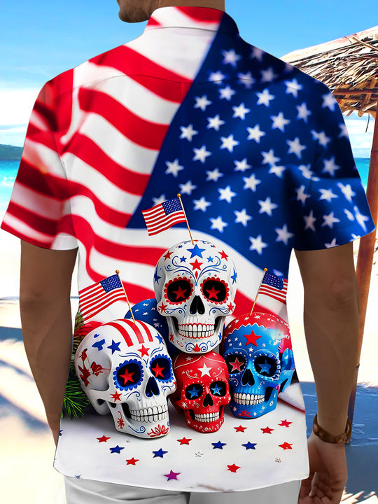 American Flag Sugar Skull Independence Day Men's Pocket Short Sleeve Shirts
