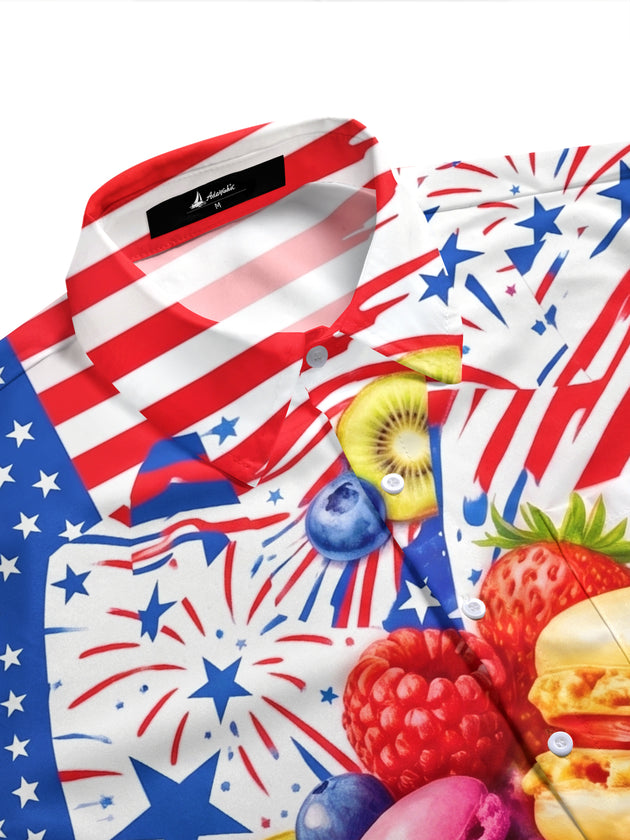 American Flag Macaron And Fruit Independence Day Men's Pocket Short Sleeve Shirts