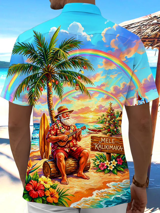 Hawaiian Christmas Santa Claus Playing Music Guitar Men's Pocket Short Sleeve Shirts