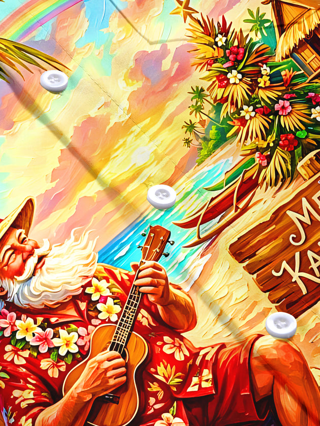 Hawaiian Christmas Santa Claus Playing Music Guitar Men's Pocket Short Sleeve Shirts