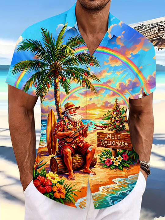 Hawaiian Christmas Santa Claus Playing Music Guitar Men's Pocket Short Sleeve Shirts