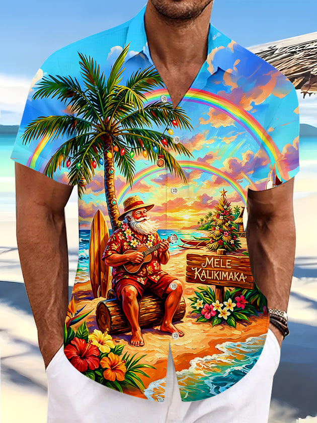 Hawaiian Christmas Santa Claus Playing Music Guitar Men's Pocket Short Sleeve Shirts