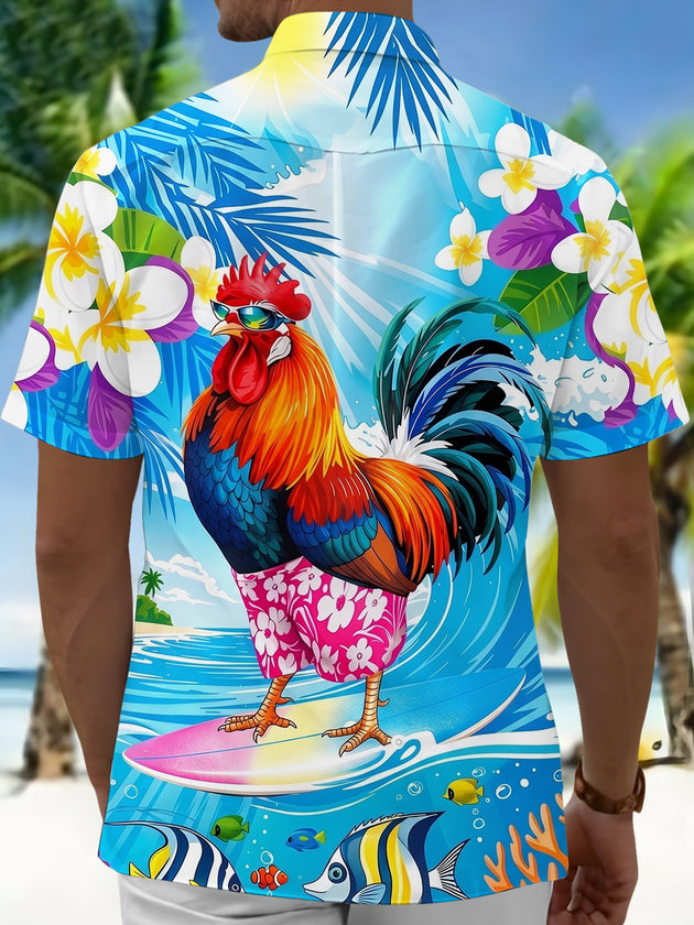 Fun Hawaiian Surfing Rooster Tropical Men's Pocket Short Sleeve Shirts