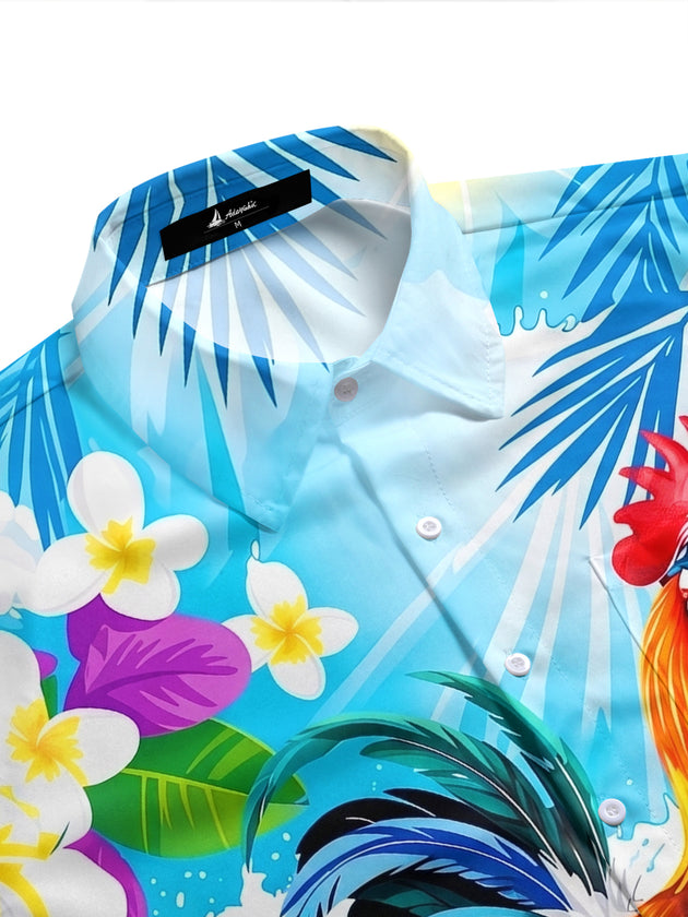 Fun Hawaiian Surfing Rooster Tropical Men's Pocket Short Sleeve Shirts