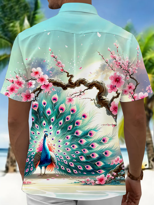 Cherry Blossom And Peacock Men's Pocket Short Sleeve Shirts