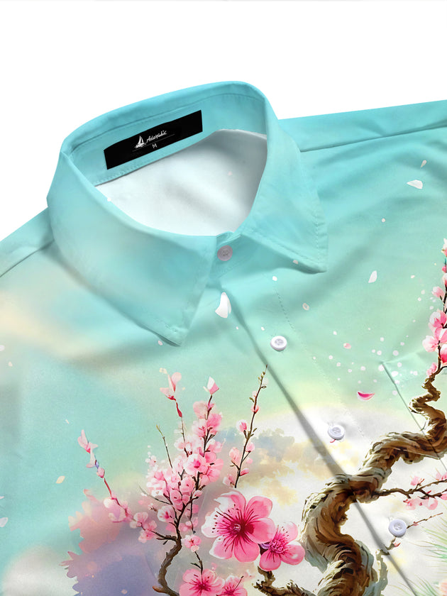Cherry Blossom And Peacock Men's Pocket Short Sleeve Shirts