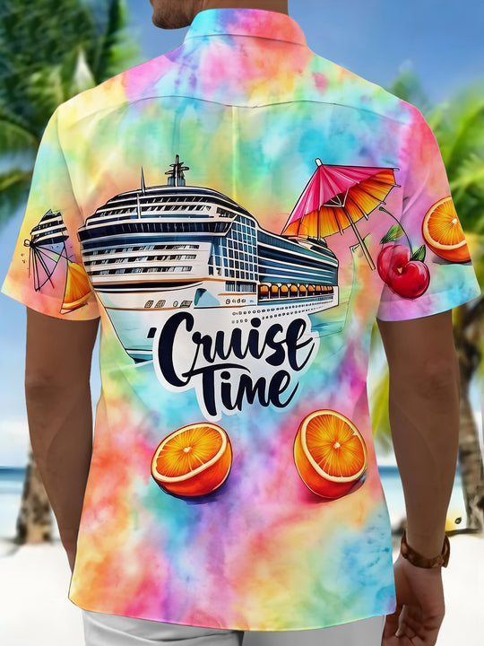 Hawaiian Cruise Vacation Fruit Colorful Tie-Dye Men's Pocket Short Sleeve Shirts