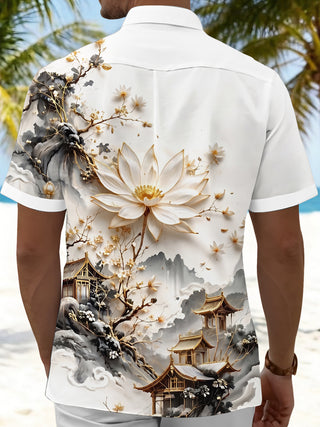 Ink Wash Golden Landscape Lotus Ancient Architecture Art Men's Pocket Short Sleeve Shirts