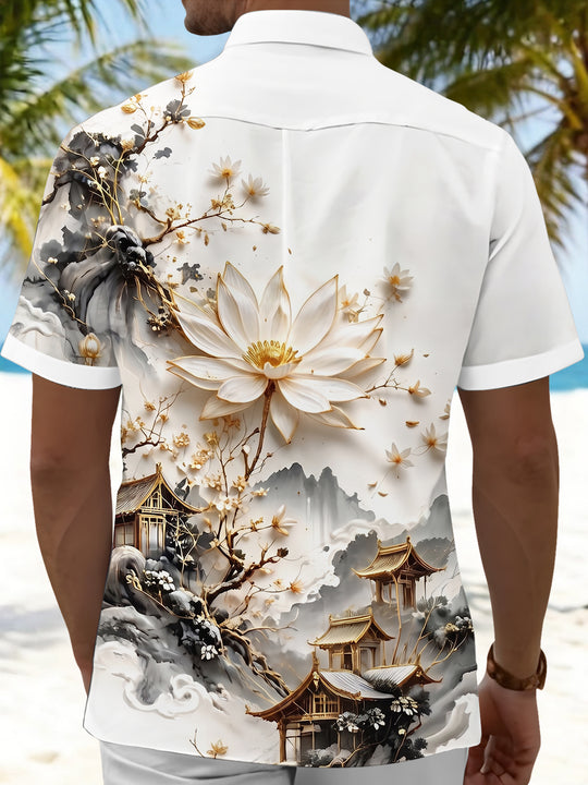 Ink Wash Golden Landscape Lotus Ancient Architecture Art Men's Pocket Short Sleeve Shirts