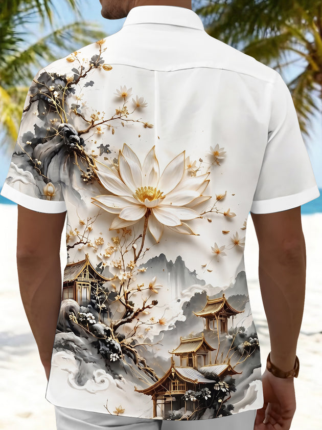 Ink Wash Golden Landscape Lotus Ancient Architecture Art Men's Pocket Short Sleeve Shirts