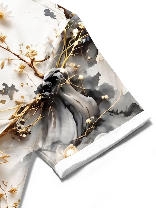 Ink Wash Golden Landscape Lotus Ancient Architecture Art Men's Pocket Short Sleeve Shirts