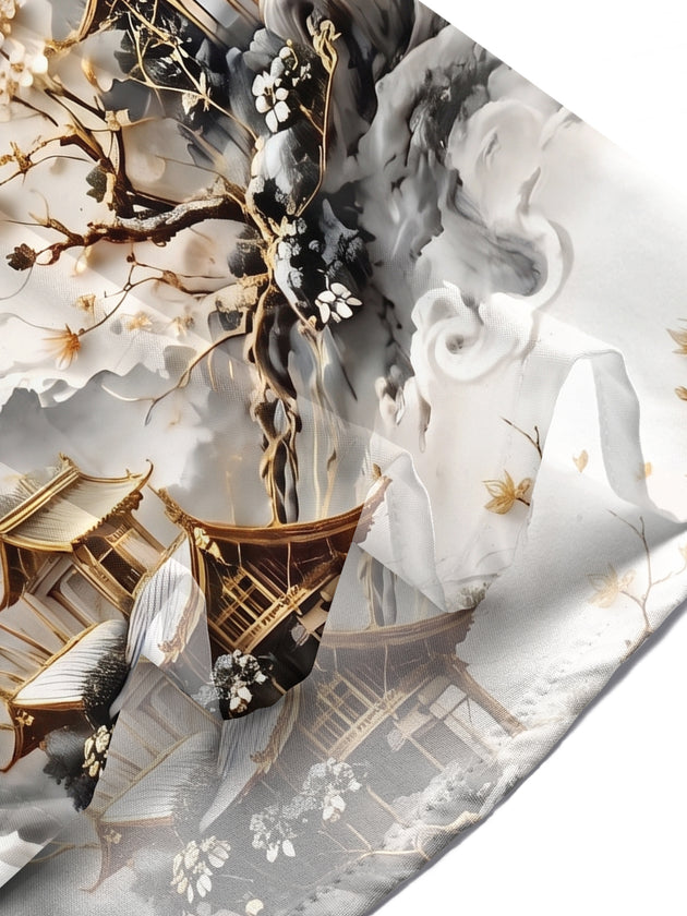Ink Wash Golden Landscape Lotus Ancient Architecture Art Men's Pocket Short Sleeve Shirts