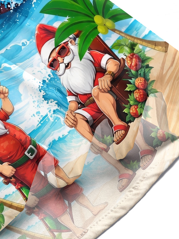 Fun Hawaiian Surfing Summer Santa Christmas Holiday Men's Pocket Short Sleeve Shirts