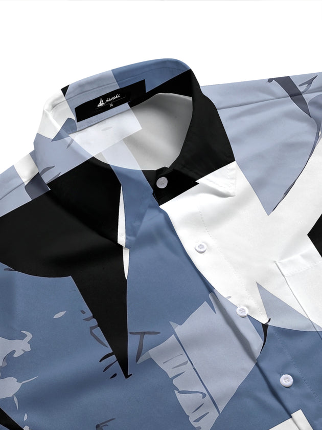 Gray Black Geometric Colorblock Men's Pocket Short Sleeve Shirts